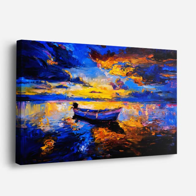 cuadro canvas mar y playa pintura bote azul nocturno horizontal