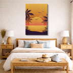 cuadro canvas mar y playa palmeras atardecer naranja ilustración vertical