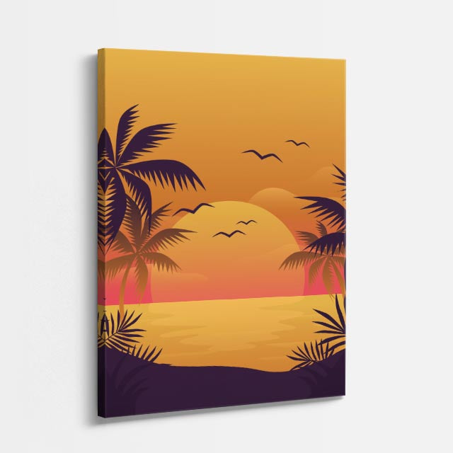 cuadro canvas mar y playa palmeras atardecer naranja ilustración vertical