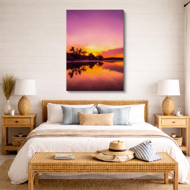 cuadro canvas mar y playa palmeras atardecer rosa espejo vertical