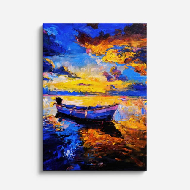 cuadro canvas mar y playa pintura bote atardecer colorido vertical