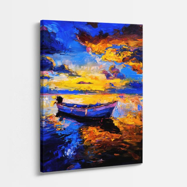 cuadro canvas mar y playa pintura bote atardecer colorido vertical
