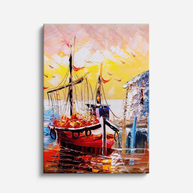 cuadro canvas mar y playa pintura velero puerto colorido vertical