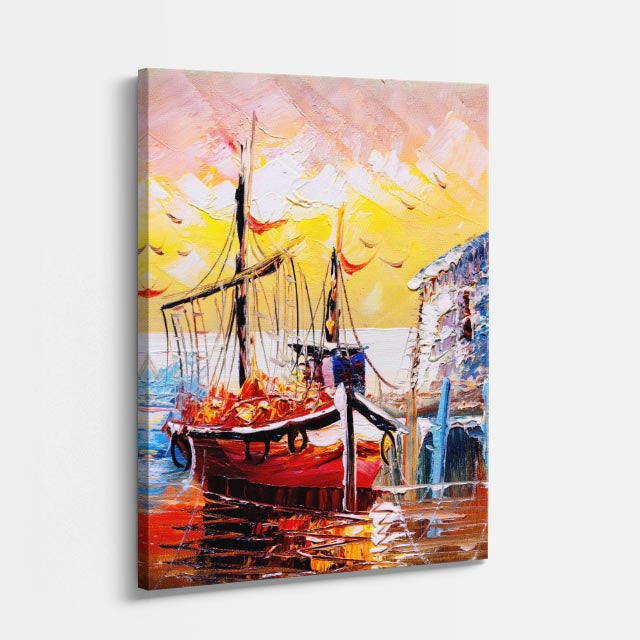 cuadro canvas mar y playa pintura velero puerto colorido vertical