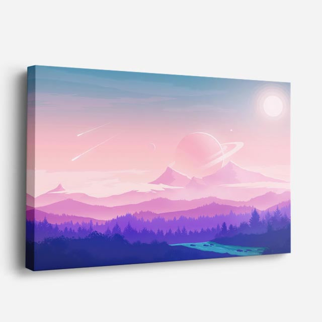 cuadro canvas paisajes digitales montañas rosas niebla suave horizontal