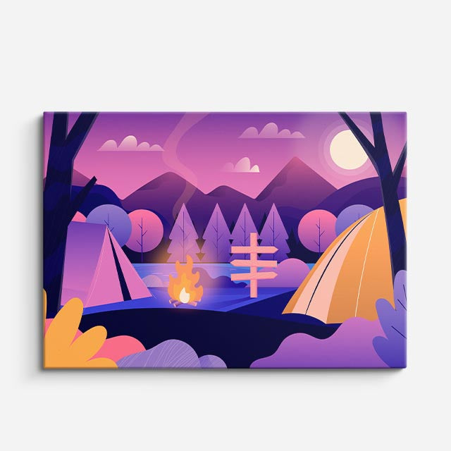 cuadro canvas paisajes digitales campamento nocturno carpa hoguera horizontal
