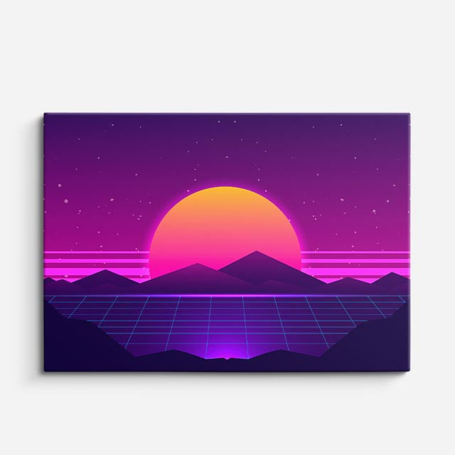 cuadro canvas paisajes digitales montañas moradas sol neon horizontal