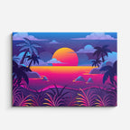cuadro canvas paisajes digitales playa tropical atardecer neon horizontal