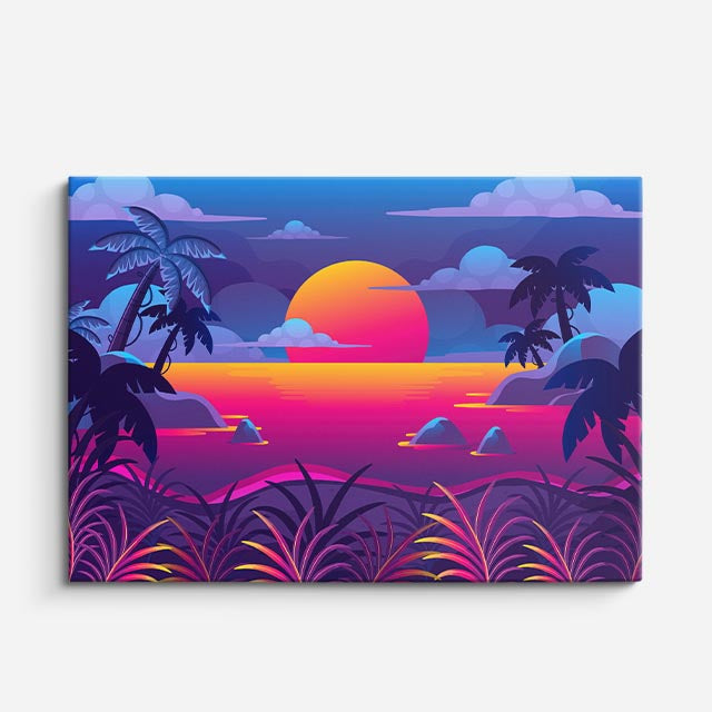 cuadro canvas paisajes digitales playa tropical atardecer neon horizontal