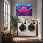 cuadro canvas paisajes digitales playa tropical atardecer neon horizontal
