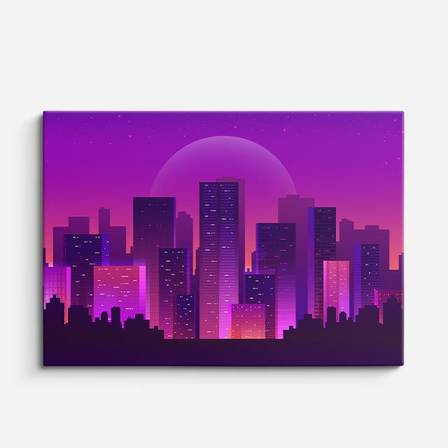 cuadro canvas paisajes digitales ciudad neon morada noche horizontal