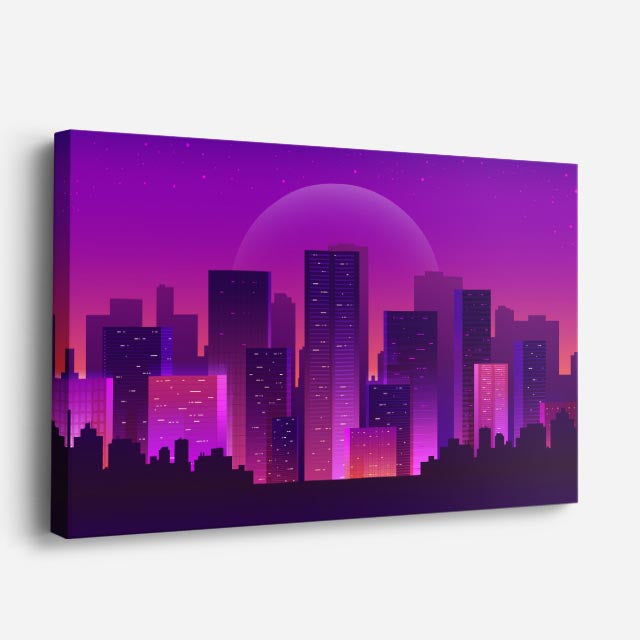 cuadro canvas paisajes digitales ciudad neon morada noche horizontal