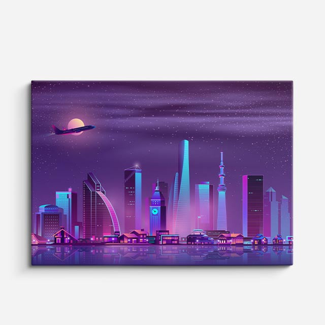 cuadro canvas paisajes digitales ciudad futurista teal noche horizontal