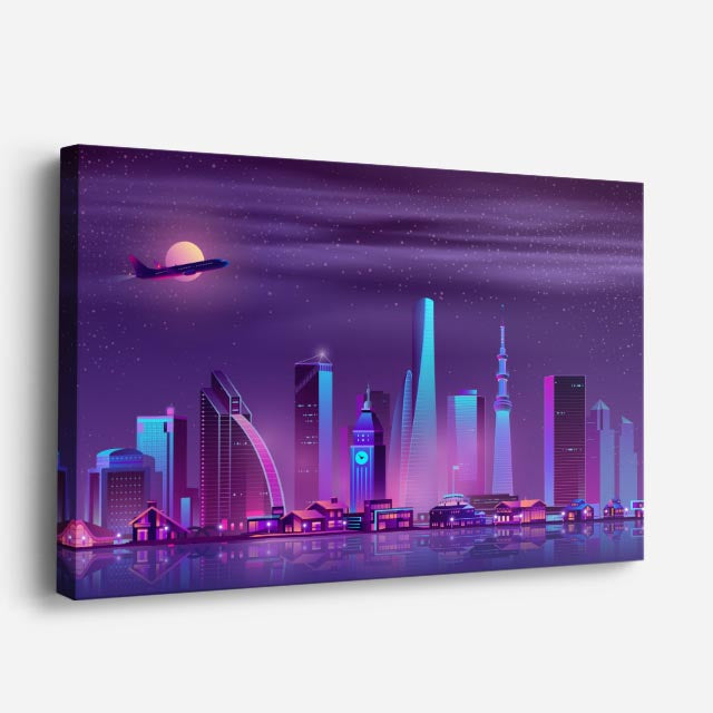 cuadro canvas paisajes digitales ciudad futurista teal noche horizontal