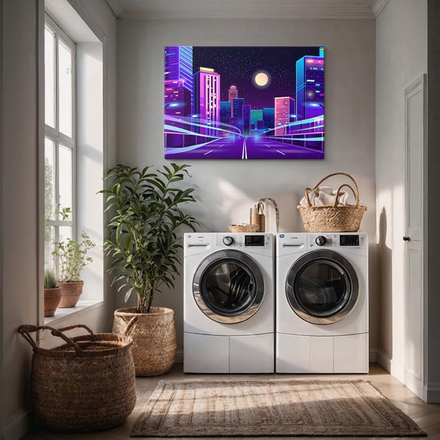 cuadro canvas paisajes digitales ciudad neon morada carretera horizontal