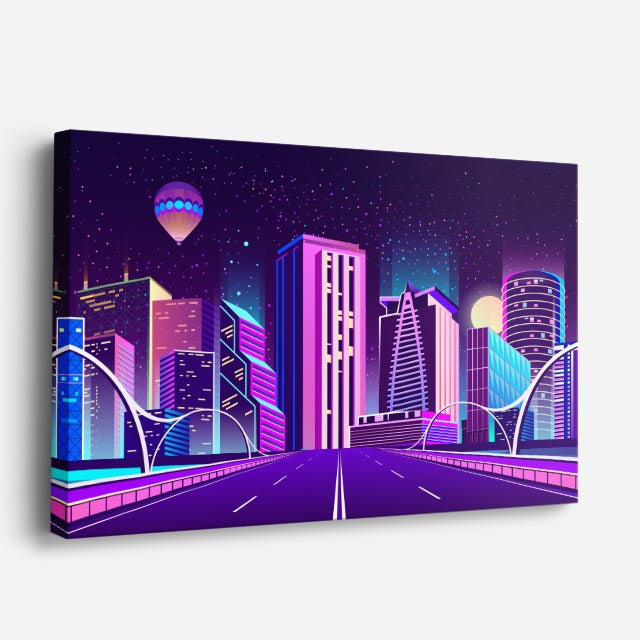cuadro canvas paisajes digitales ciudad neon puente globo horizontal
