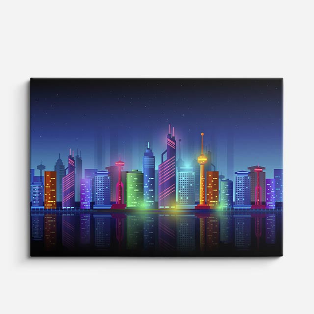 cuadro canvas paisajes digitales ciudad neon colorida noche horizontal
