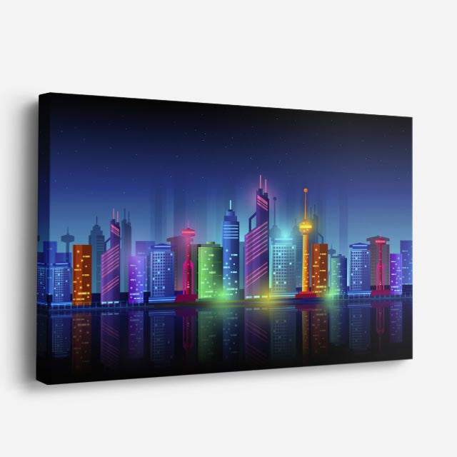 cuadro canvas paisajes digitales ciudad neon colorida noche horizontal