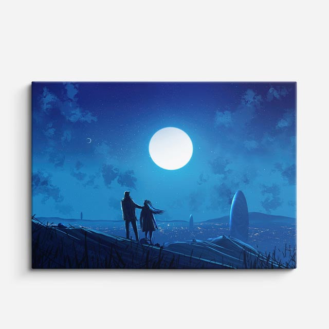 cuadro canvas paisajes digitales pareja luna llena montaña azul horizontal