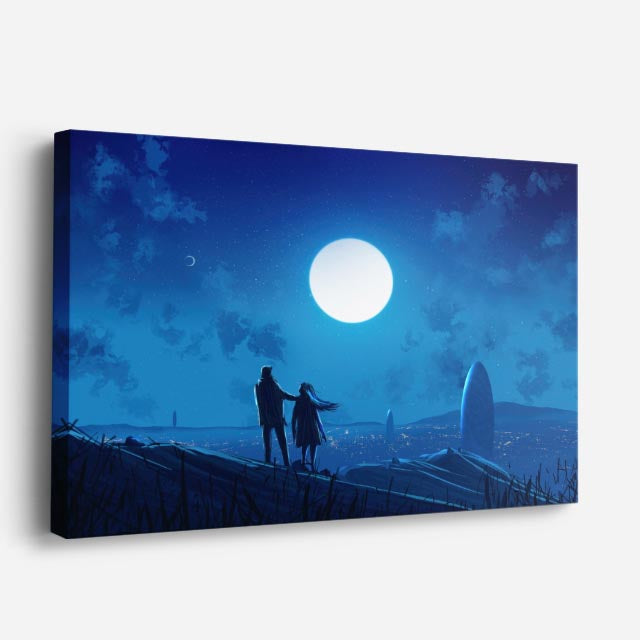 cuadro canvas paisajes digitales pareja luna llena montaña azul horizontal