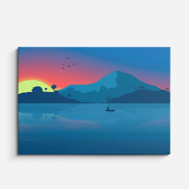 cuadro canvas paisajes digitales montañas teal lago atardecer horizontal