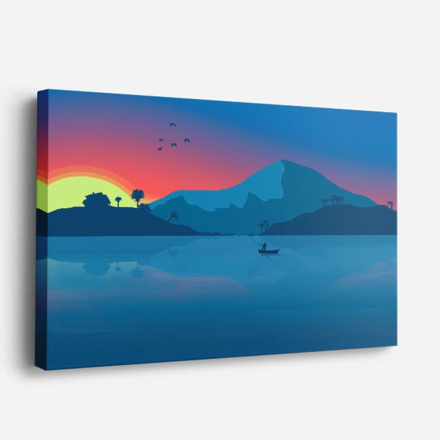 cuadro canvas paisajes digitales montañas teal lago atardecer horizontal