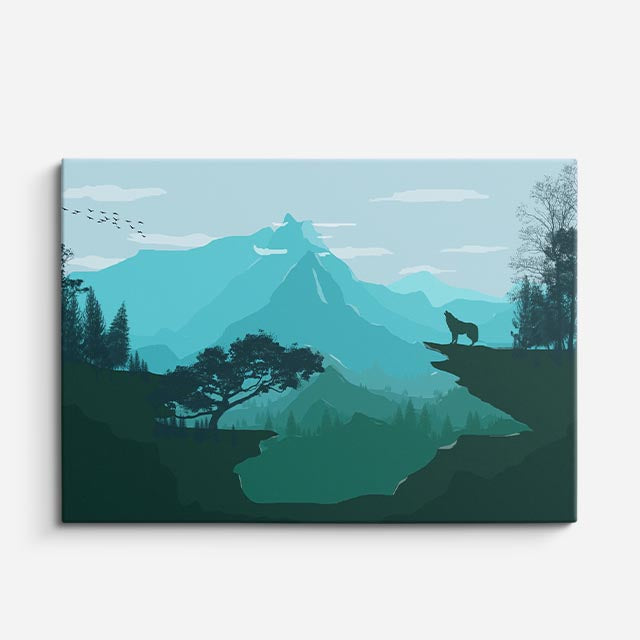 cuadro canvas paisajes digitales montañas teal lobo silueta horizontal