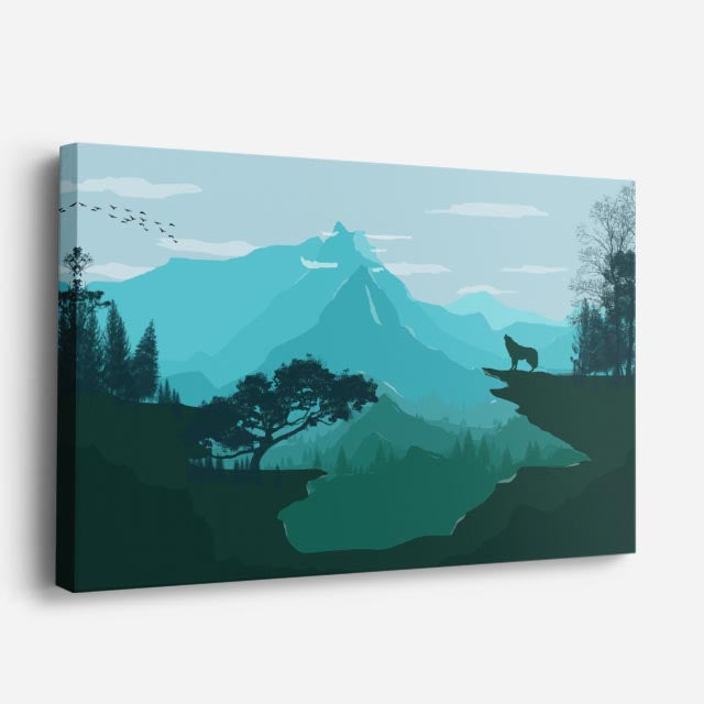cuadro canvas paisajes digitales montañas teal lobo silueta horizontal