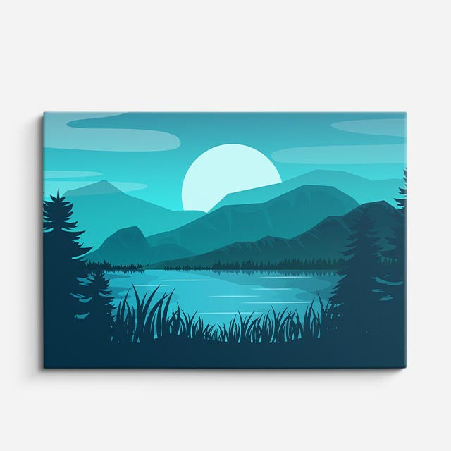 cuadro canvas paisajes digitales lago teal luna grande pinos horizontal