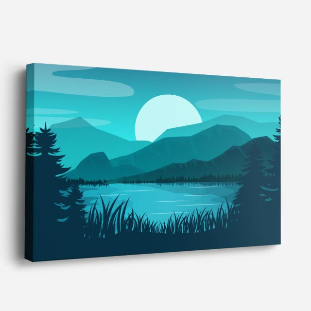 cuadro canvas paisajes digitales lago teal luna grande pinos horizontal