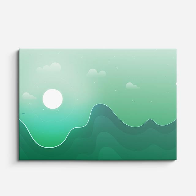 cuadro canvas paisajes digitales colinas teal sol blanco minimalista horizontal