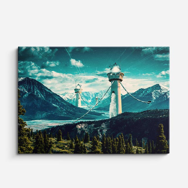 cuadro canvas paisajes digitales montañas teal vista puente horizontal
