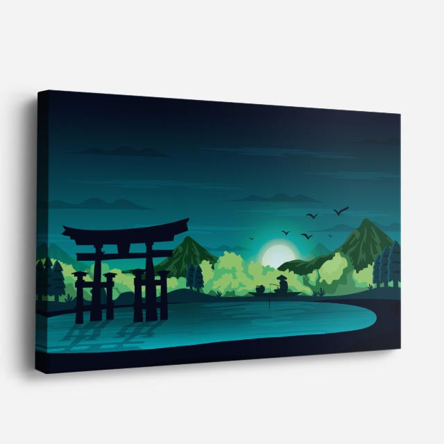 cuadro canvas paisajes digitales torii japonés lago verde horizontal