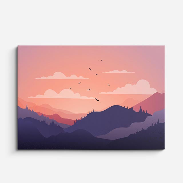 cuadro canvas paisajes digitales montañas rosas pájaros atardecer horizontal