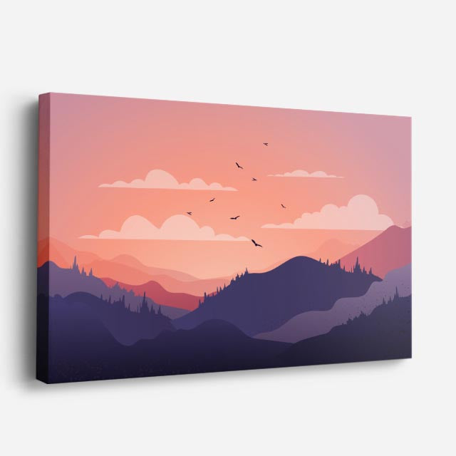 cuadro canvas paisajes digitales montañas rosas pájaros atardecer horizontal