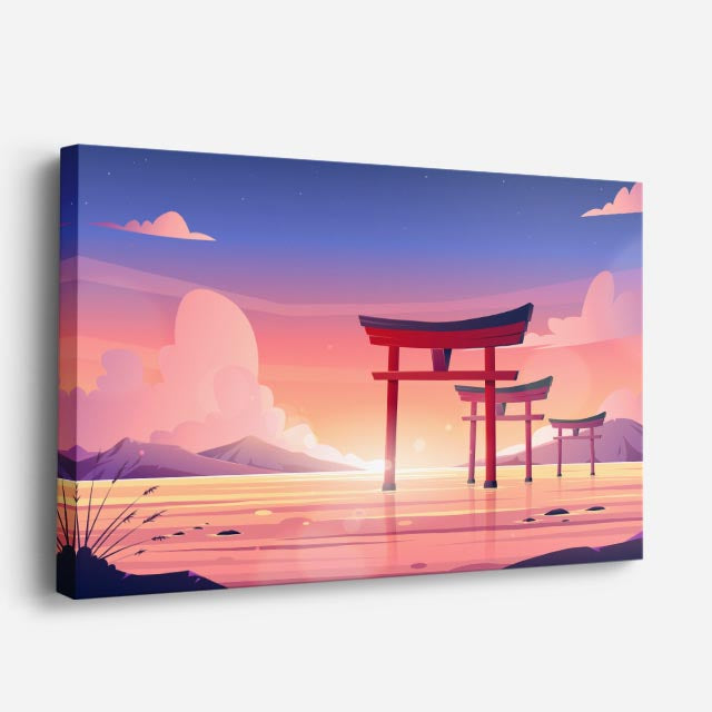 cuadro canvas paisajes digitales torii japonés rosa atardecer horizontal