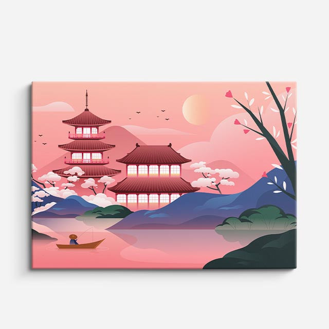 cuadro canvas paisajes digitales pagoda japonesa cerezo rosa horizontal