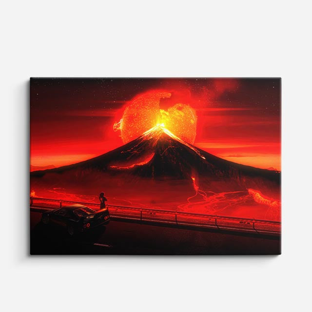 cuadro canvas paisajes digitales volcán rojo erupción dramática horizontal