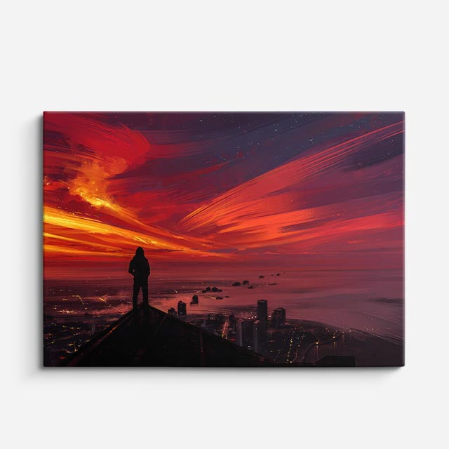 cuadro canvas paisajes digitales silueta ciudad atardecer rojo horizontal