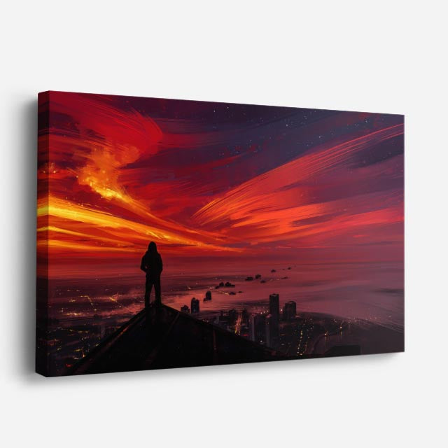 cuadro canvas paisajes digitales silueta ciudad atardecer rojo horizontal