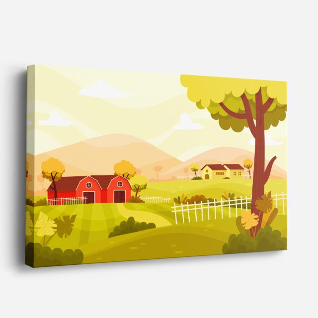 cuadro canvas paisajes digitales granja roja árboles otoñales horizontal