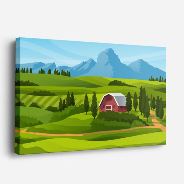 cuadro canvas paisajes digitales granja roja campos verdes montañas horizontal