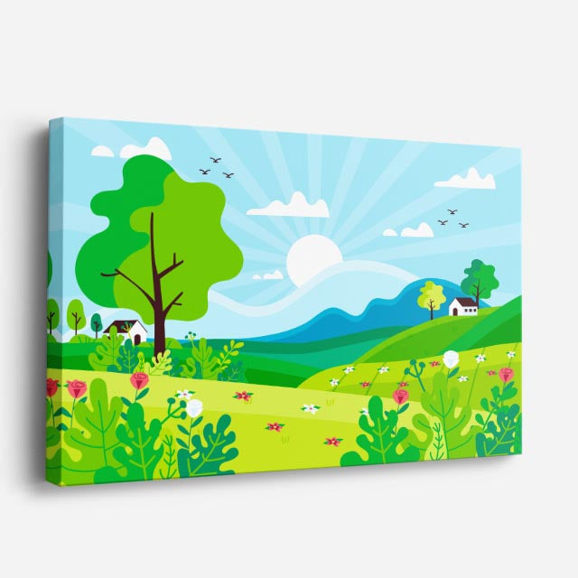 cuadro canvas paisajes digitales campo verde árboles casa horizontal