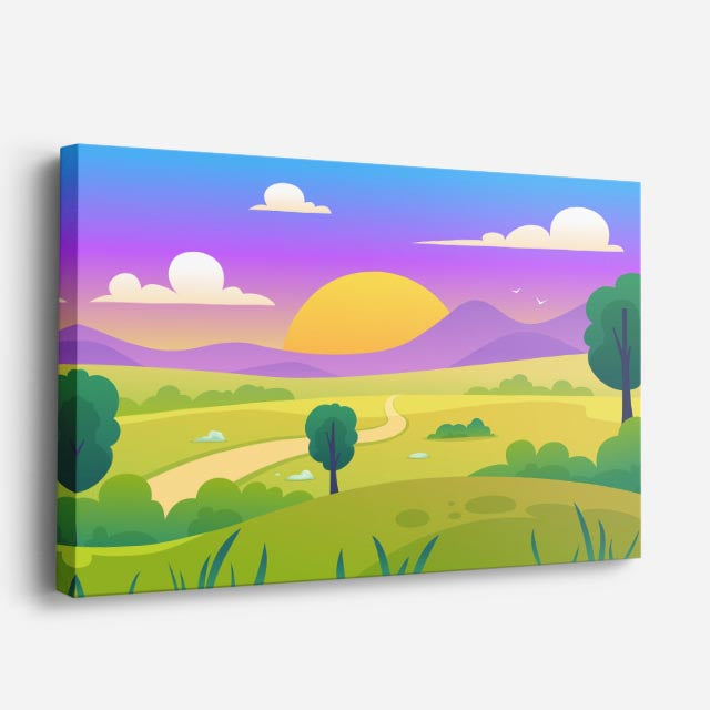 cuadro canvas paisajes digitales pradera verde morada sol amarillo horizontal