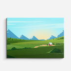 cuadro canvas paisajes digitales pradera verde cabaña montañas horizontal