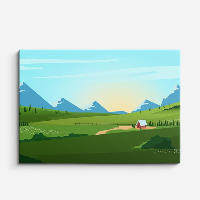 cuadro canvas paisajes digitales pradera verde cabaña montañas horizontal