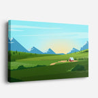 cuadro canvas paisajes digitales pradera verde cabaña montañas horizontal