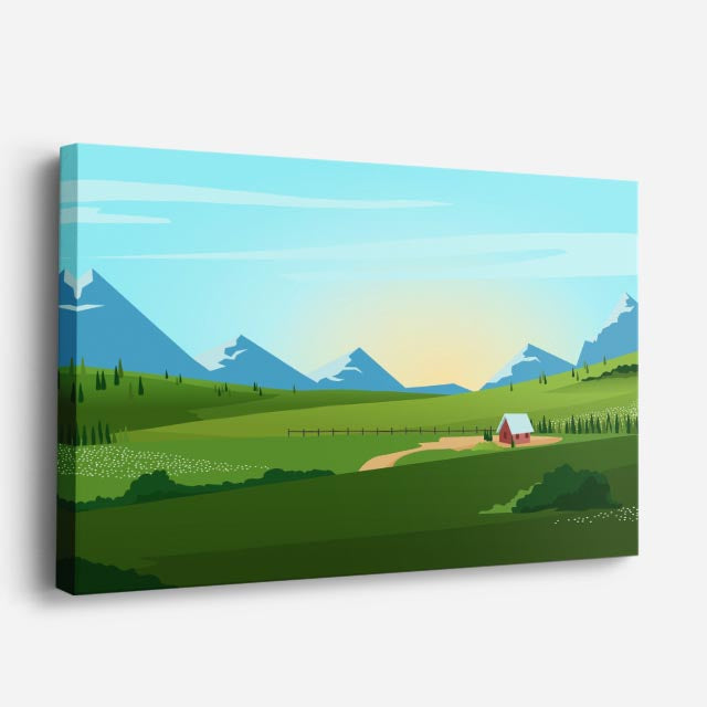 cuadro canvas paisajes digitales pradera verde cabaña montañas horizontal