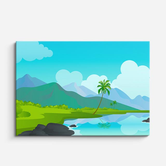 cuadro canvas paisajes digitales pradera verde palmera lago horizontal