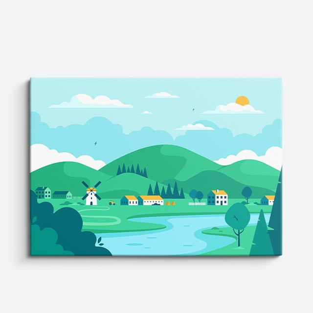 cuadro canvas paisajes digitales pradera verde lago casa horizontal